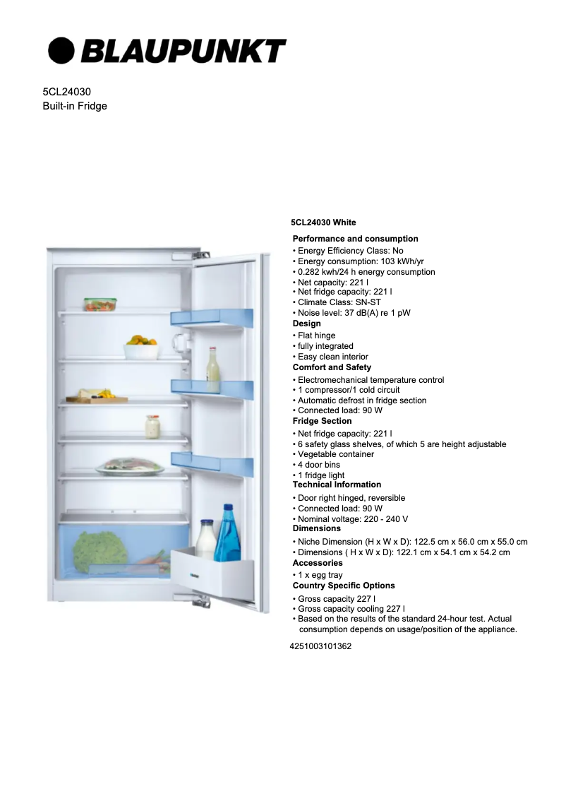 Page 1 de la notice Fiche technique Blaupunkt 5CL 24030