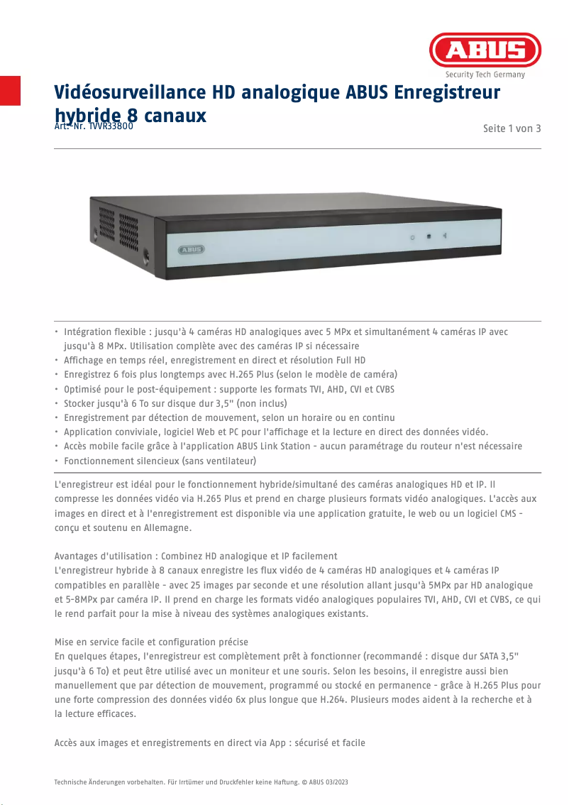 Page 1 de la notice Fiche technique Abus TVVR33800