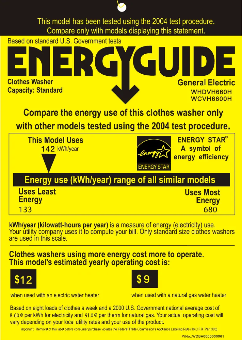 Page 1 de la notice Label énergétique GE WCVH6600HWW