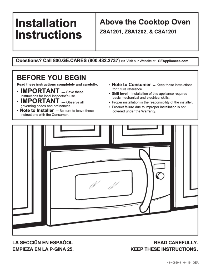 Page 1 de la notice Guide d'installation GE Café CSA1201RSS