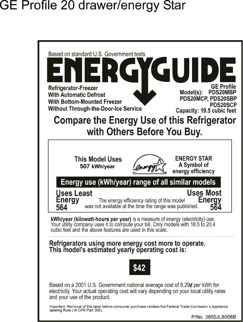 Page 1 de la notice Label énergétique GE Profile PDS20MCPBB