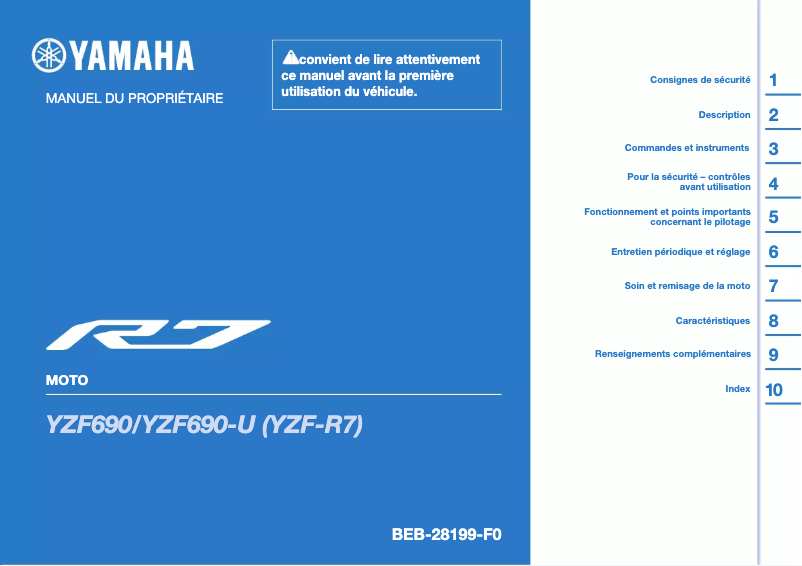 Page 1 de la notice Manuel utilisateur Yamaha YZF-R7 (2022)
