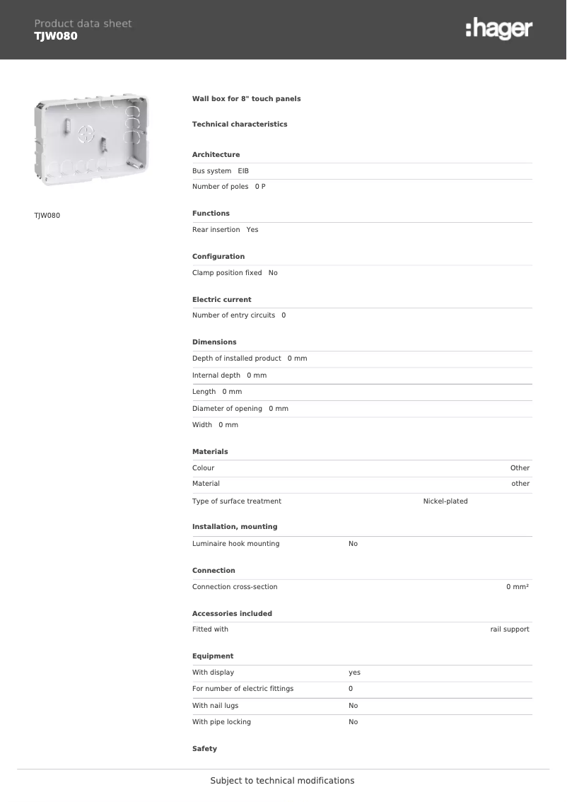 Page 1 de la notice Fiche technique Hager TJW080