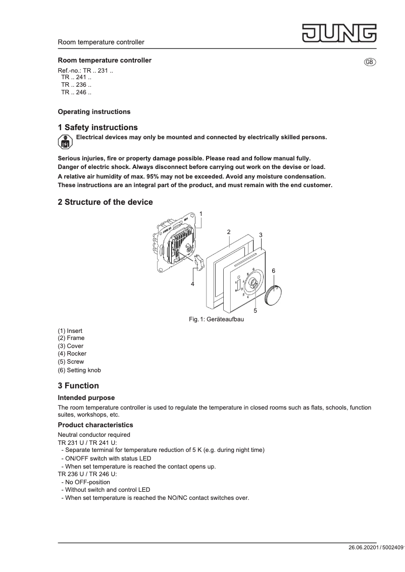 Page 1 de la notice Manuel utilisateur JUNG TRAL246