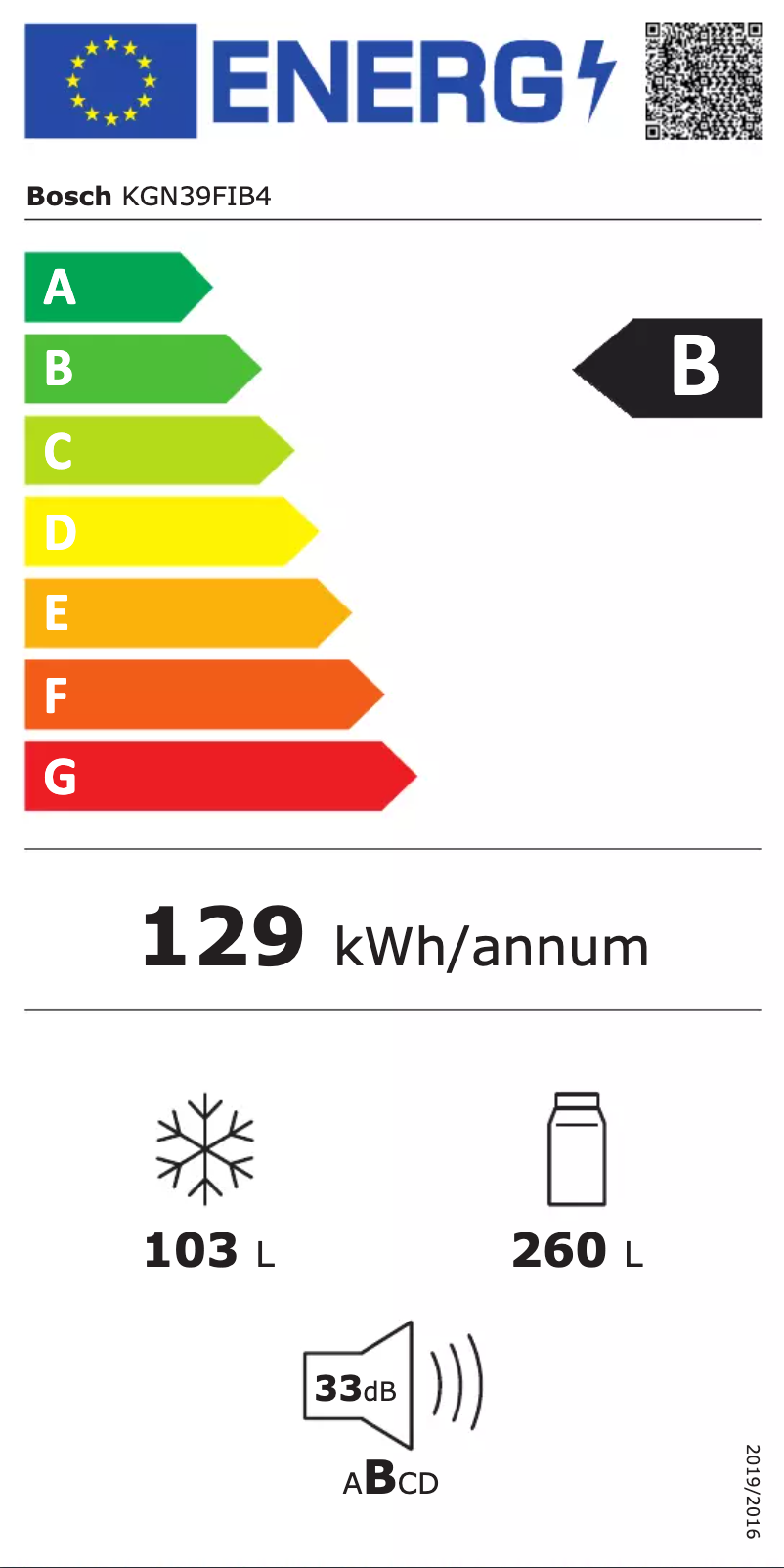 Page 1 de la notice Label énergétique Bosch KGN39FIB4