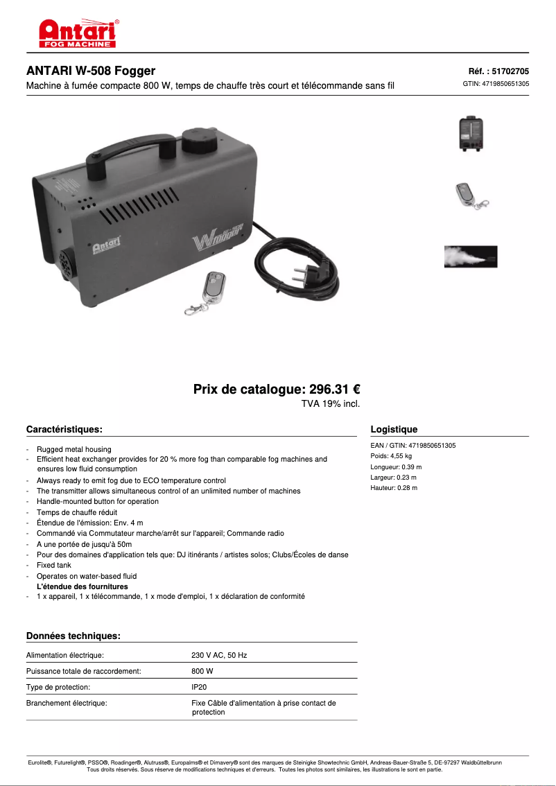 Page 1 de la notice Fiche technique Antari W-508
