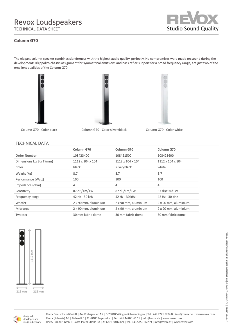 Page 1 de la notice Fiche technique Revox Column G70