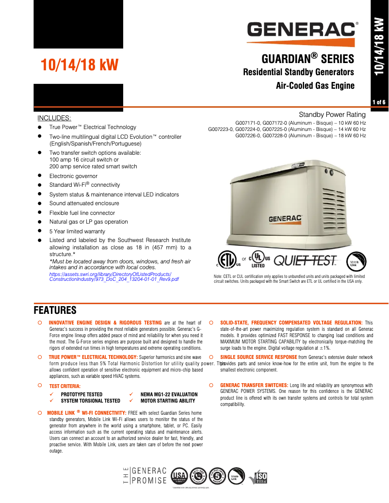 Page 1 de la notice Fiche technique Generac Guardian 14KW