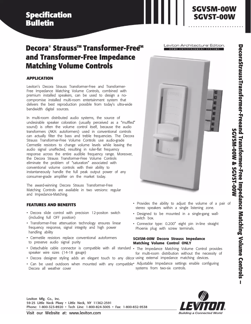 Page 1 de la notice Fiche technique Leviton SGVSM-W