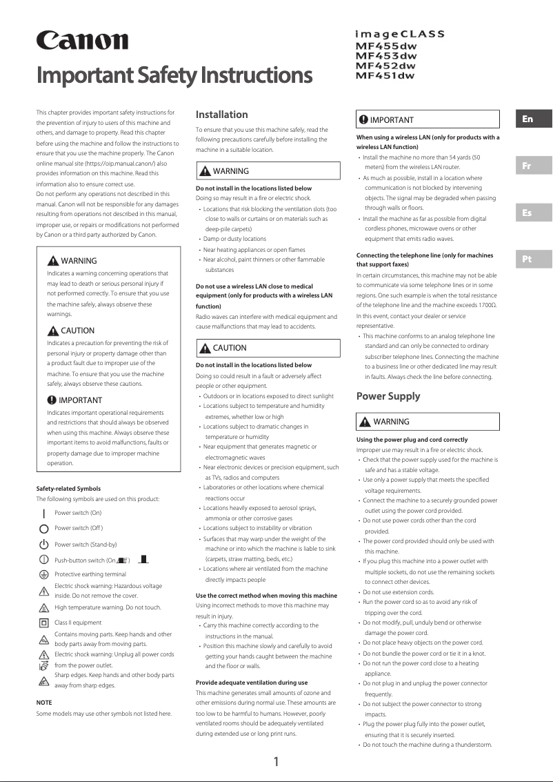 Page 1 de la notice Manuel utilisateur Canon imageCLASS MF453dw