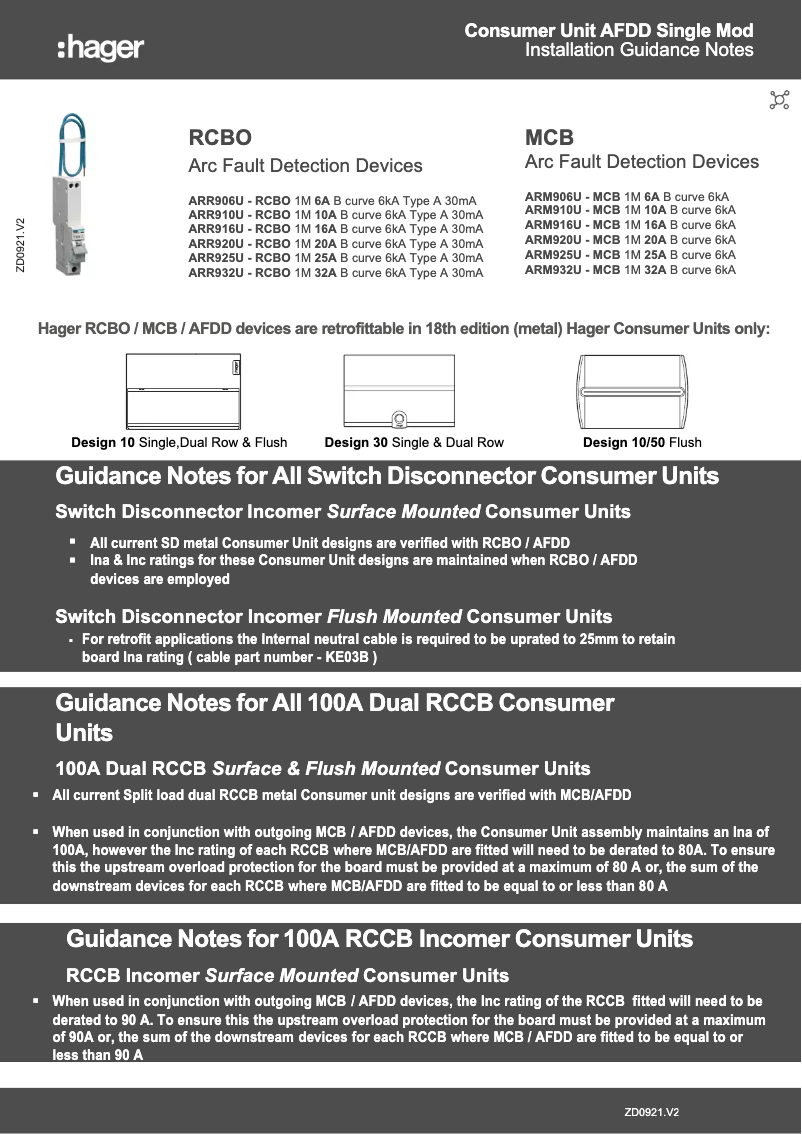 Page 1 de la notice Fiche technique Hager VML912TG