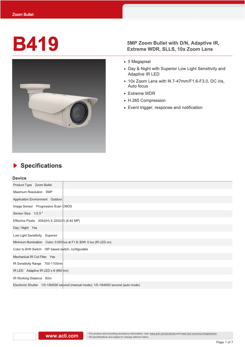 Page 1 de la notice Fiche technique ACTi B419