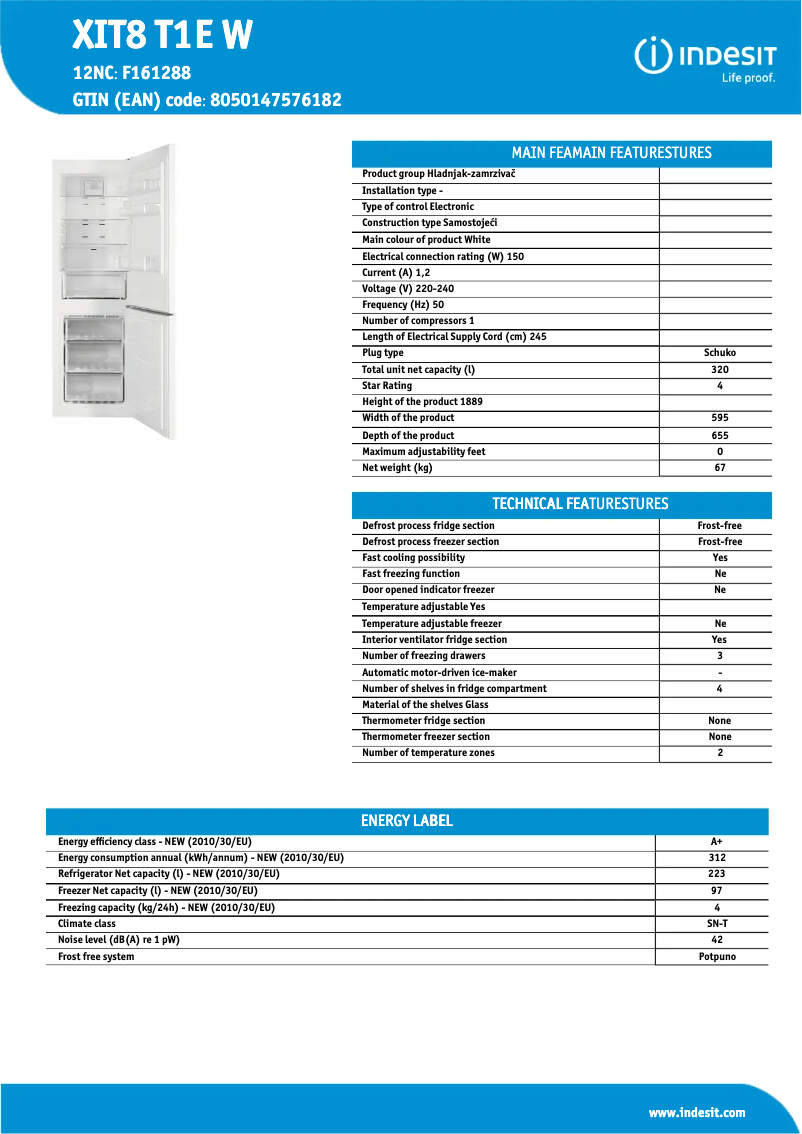 Page 1 de la notice Fiche technique Indesit XIT8 T1E W