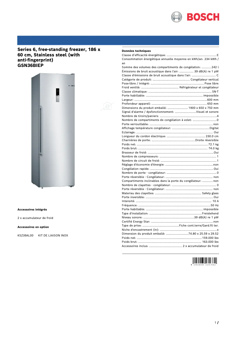 Page 1 de la notice Fiche technique Bosch GSN36BIEP
