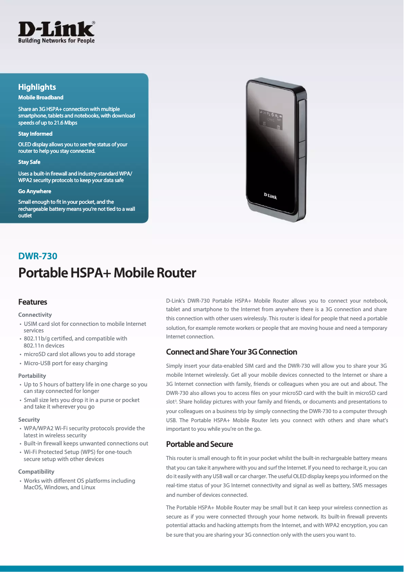 Page 1 de la notice Fiche technique D-Link DWR-730