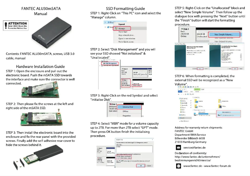Page 1 de la notice Manuel utilisateur Fantec ALU30mSATA