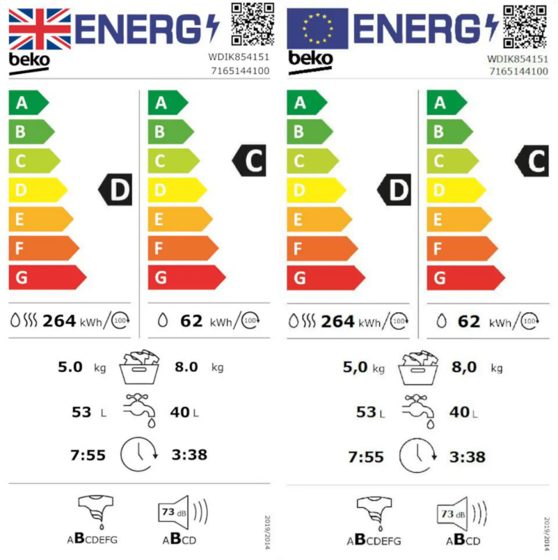 Page 1 de la notice Label énergétique Beko WDIK854151