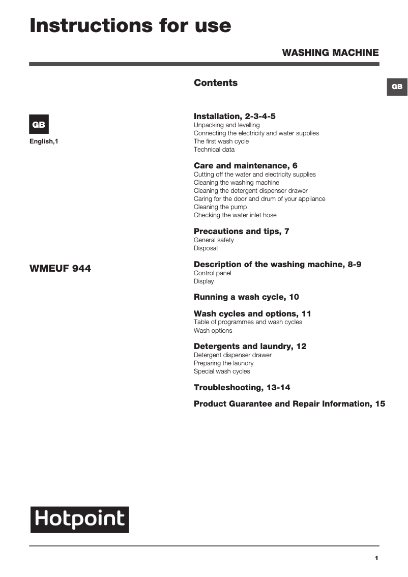 Página 1 del manual Manual de usuario Hotpoint WMEUF 944P UK