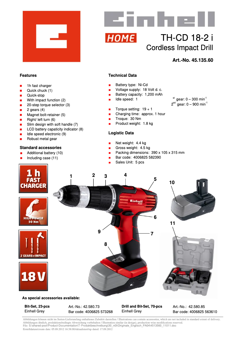 Página 1 del manual Ficha técnica Einhell TH-CD 18-2 i
