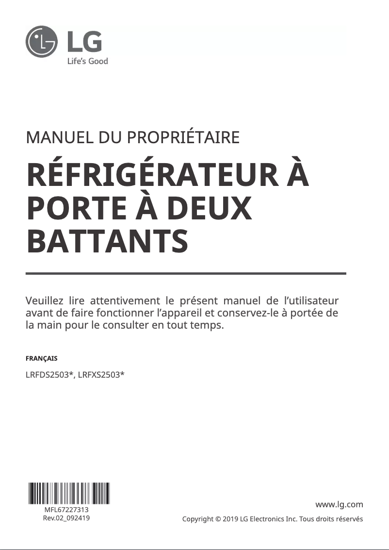 Page 1 de la notice Manuel utilisateur LG LRFXS2503D