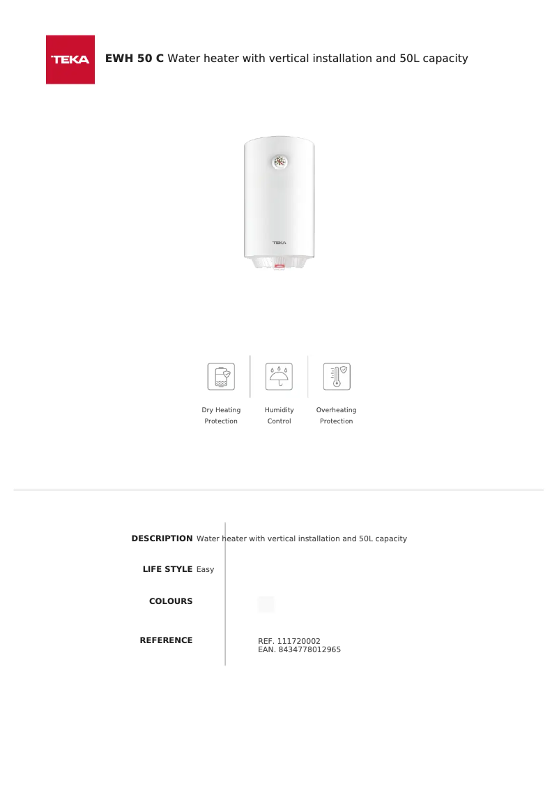 Page 1 de la notice Fiche technique Teka EWH 50 C