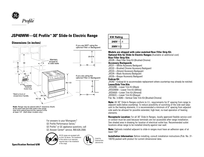 Page 1 of the manual Technical Sheet GE Profile JSP40WWWW