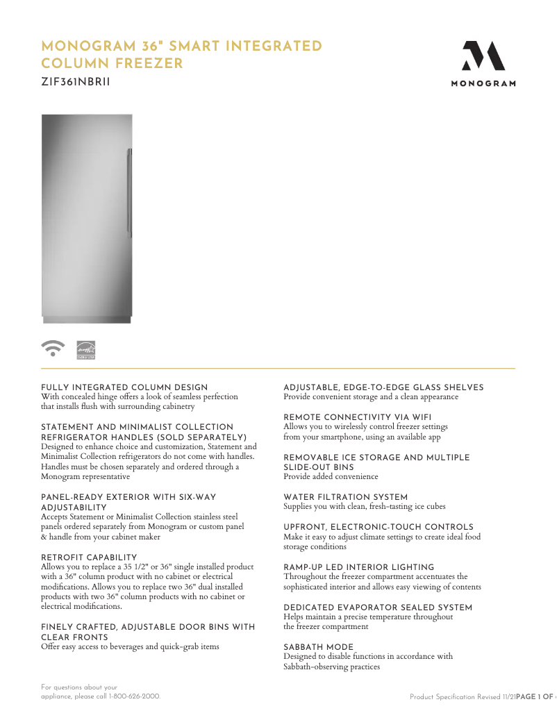 Page 1 de la notice Fiche technique Monogram ZIF361NBRII