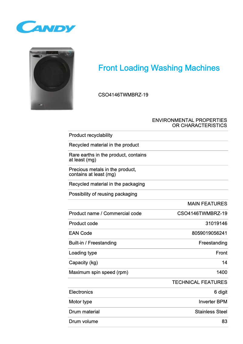 Page 1 of the manual Technical Sheet Candy CSO4146TWMBRZ-19