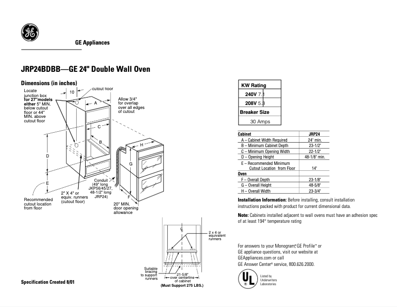Page n°1 - Fiche technique GE JRP24BDBB