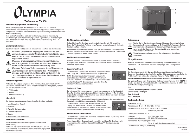 Page 1 de la notice Manuel utilisateur Olympia TV 150