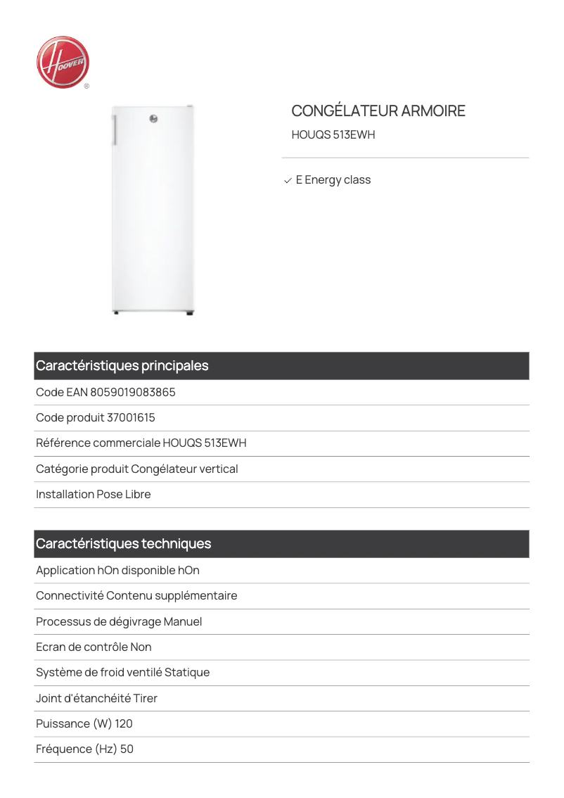 Page 1 de la notice Fiche technique Hoover HOUQS 513EWH