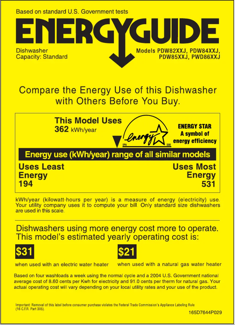 Page 1 de la notice Label énergétique GE Profile PDW8500JCC