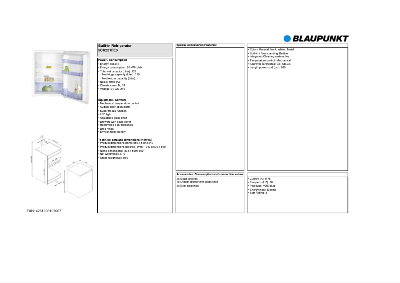 Page 1 of the manual Technical Sheet Blaupunkt 5CK221FE0
