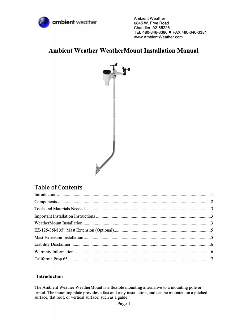 Page 1 de la notice Manuel utilisateur Ambient Weather WeatherMount