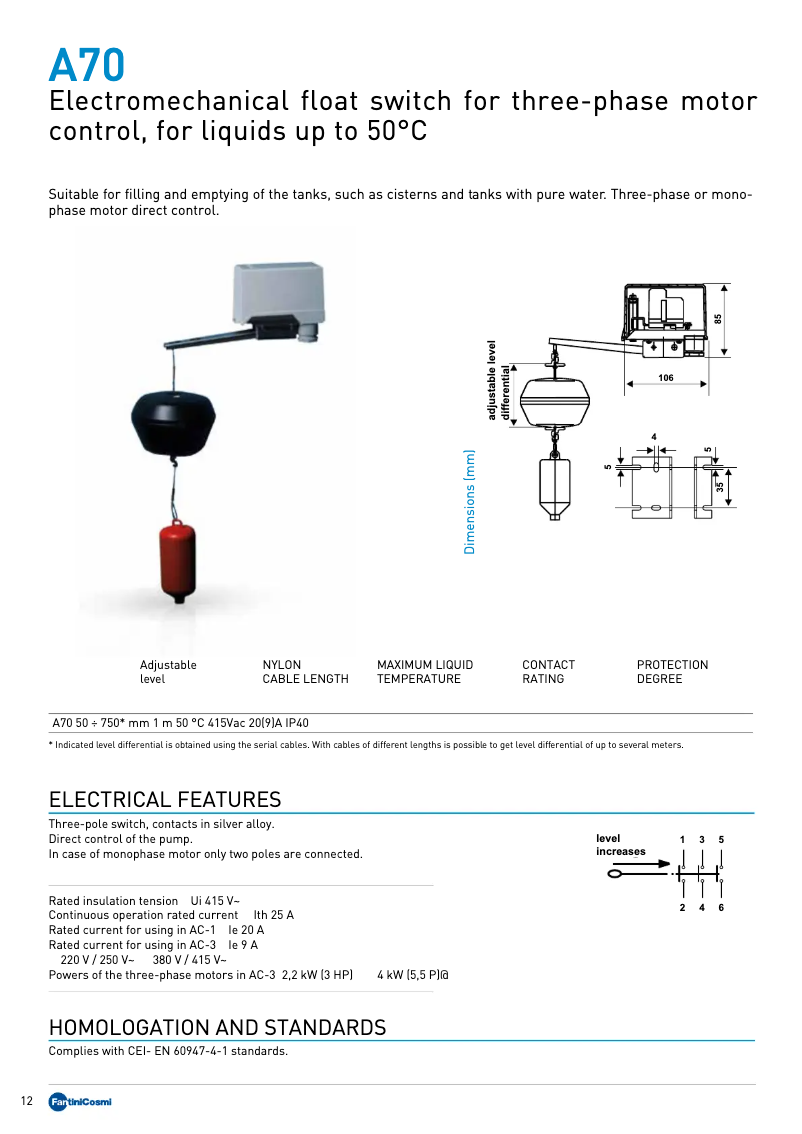 Page 1 de la notice Fiche technique Fantini Cosmi A70
