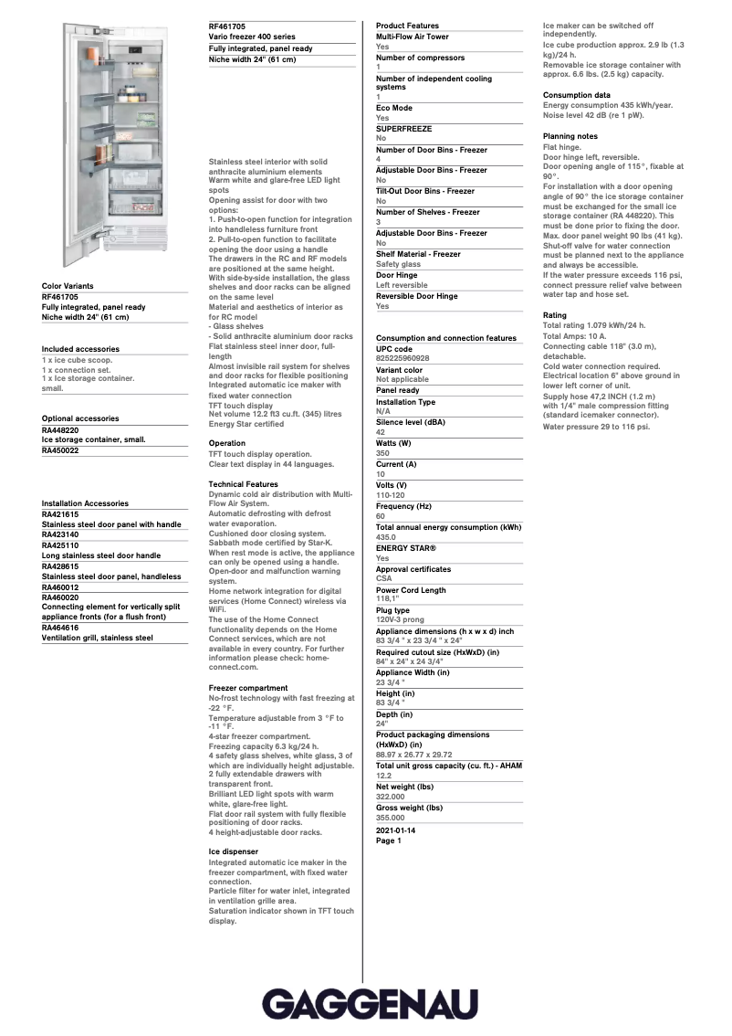 Page 1 de la notice Fiche technique Gaggenau RF461705