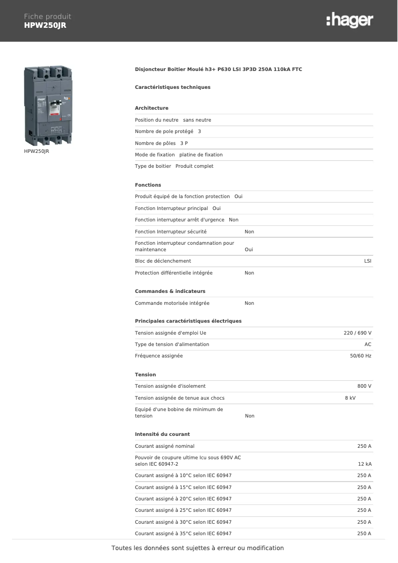 Page 1 de la notice Fiche technique Hager HPW250JR