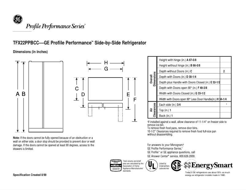 Página 1 del manual Ficha técnica GE Profile Performance TFX22PPBCC