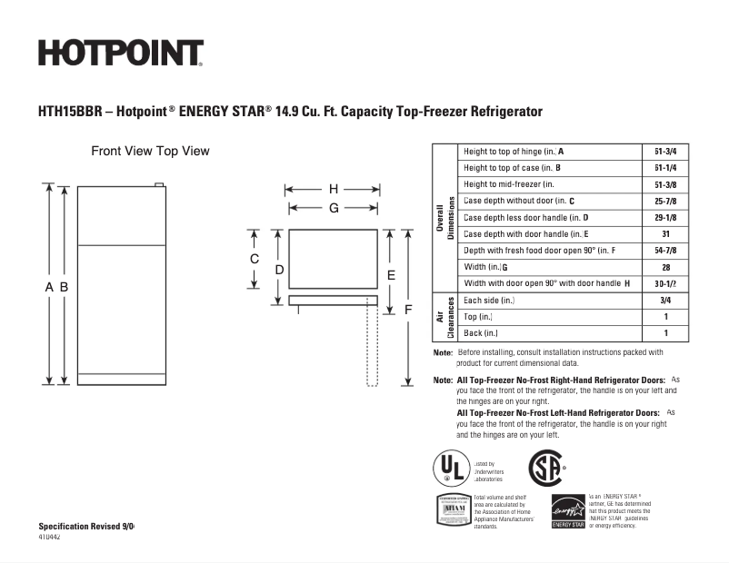 Página 1 del manual Ficha técnica Hotpoint HTH15BBRLWW