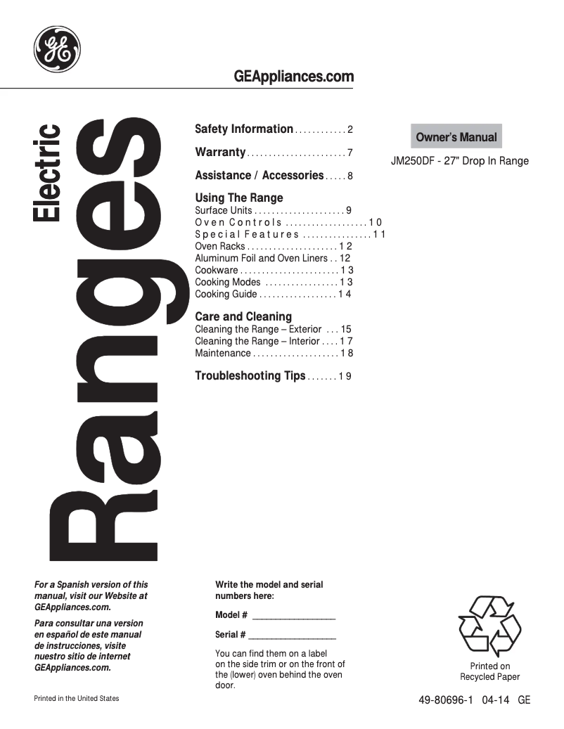 Page 1 de la notice Mode d'emploi GE JM250DFCC