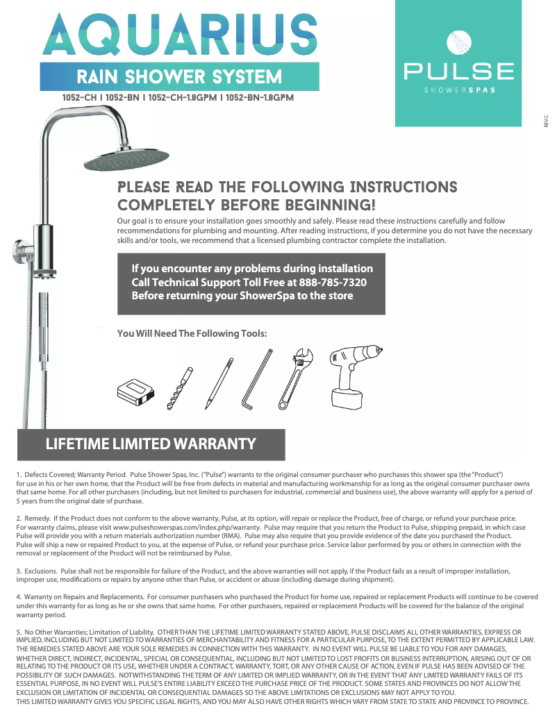 Page 1 de la notice Manuel utilisateur Pulse ShowerSpas Aquarius 1052-BN