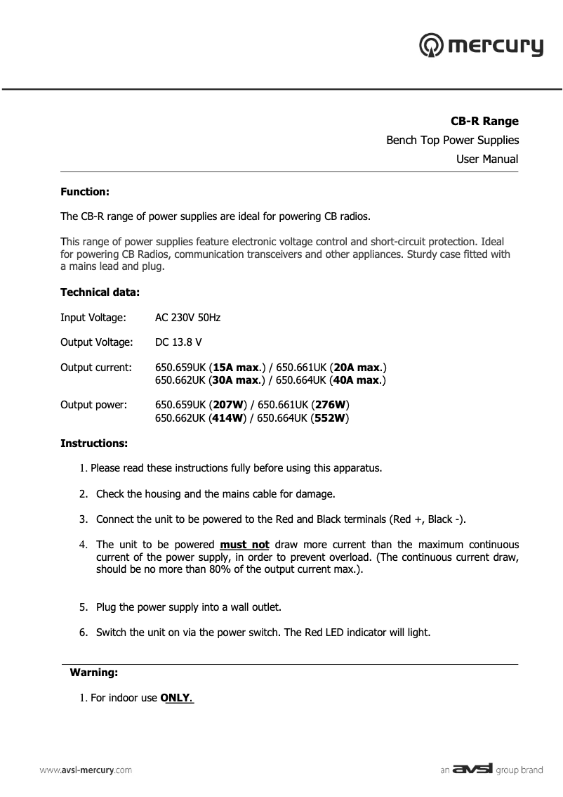 Page 1 de la notice Manuel utilisateur Mercury CB-R20