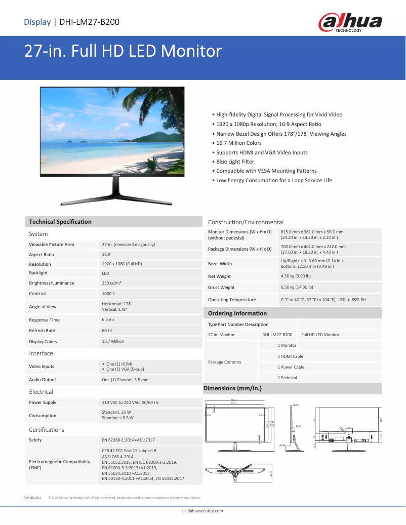 Page 1 de la notice Fiche technique Dahua Technology DHI-LM27-B200