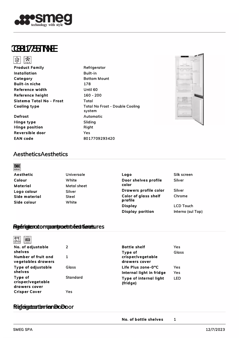 Page 1 de la notice Fiche technique Smeg C8175TNE