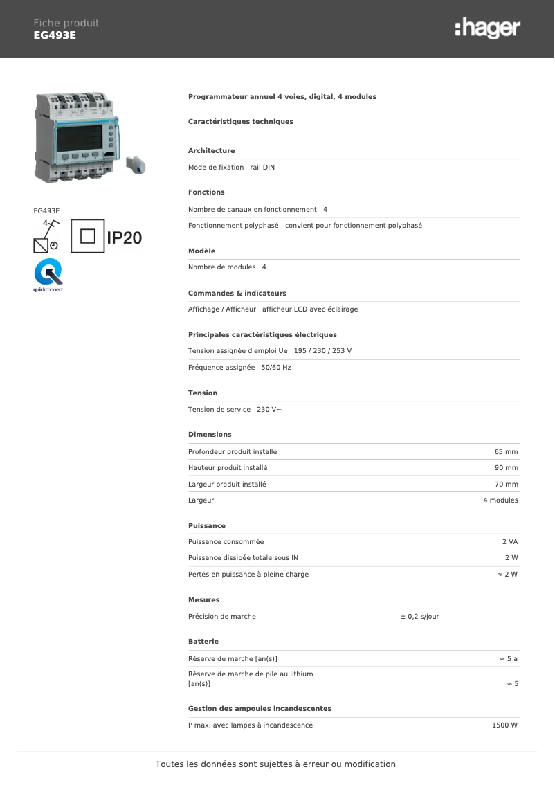 Page 1 de la notice Manuel utilisateur Hager EG 493E