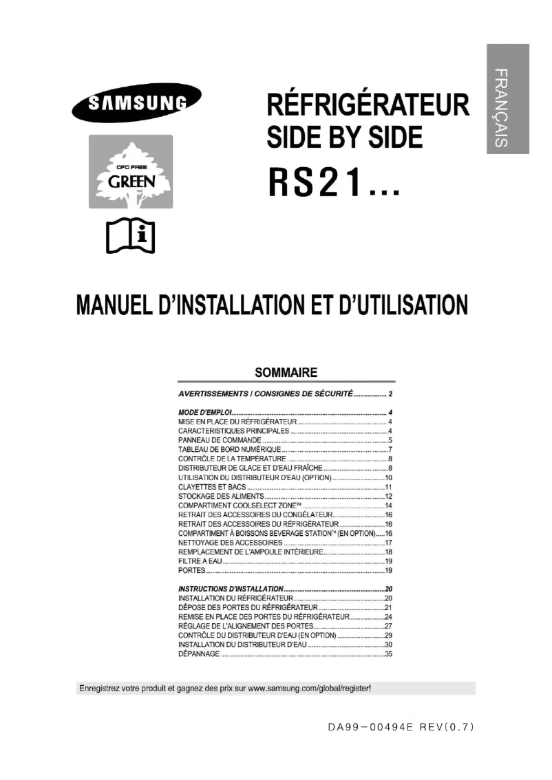 Page 1 de la notice Manuel utilisateur Samsung RS21FCSV