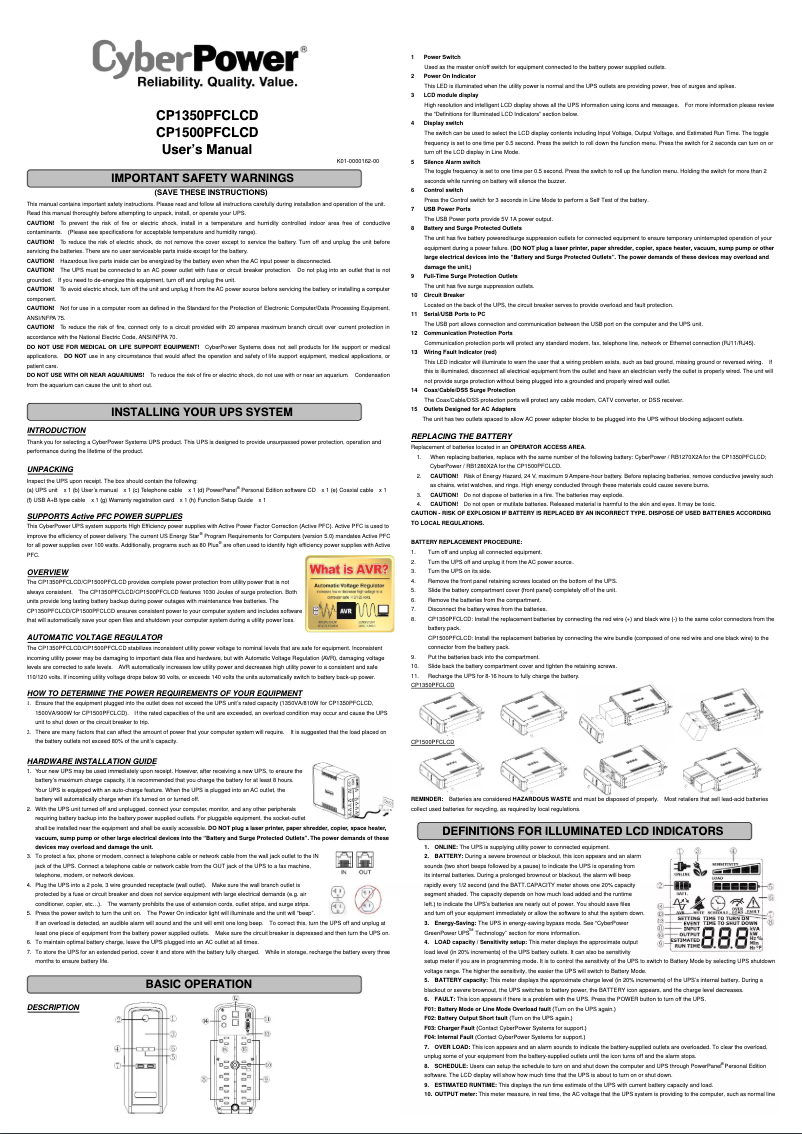 Page 1 de la notice Manuel utilisateur CyberPower CP1500PFCLCDTAA