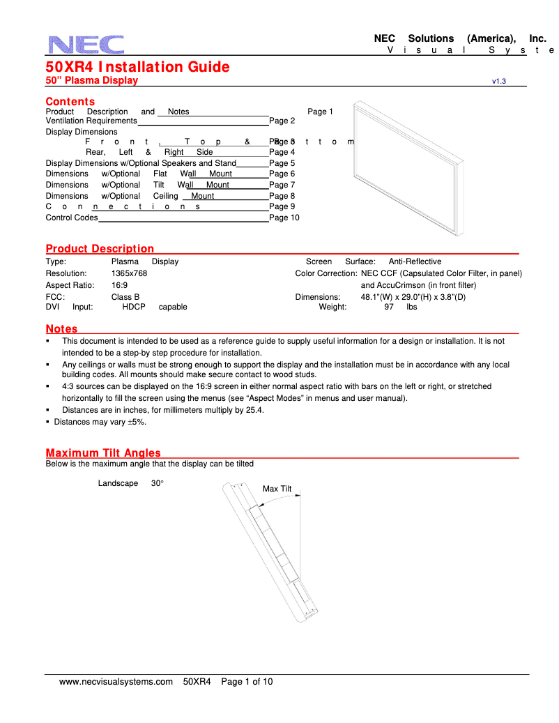 Page 1 de la notice Manuel utilisateur NEC PlasmaSync 50XR4