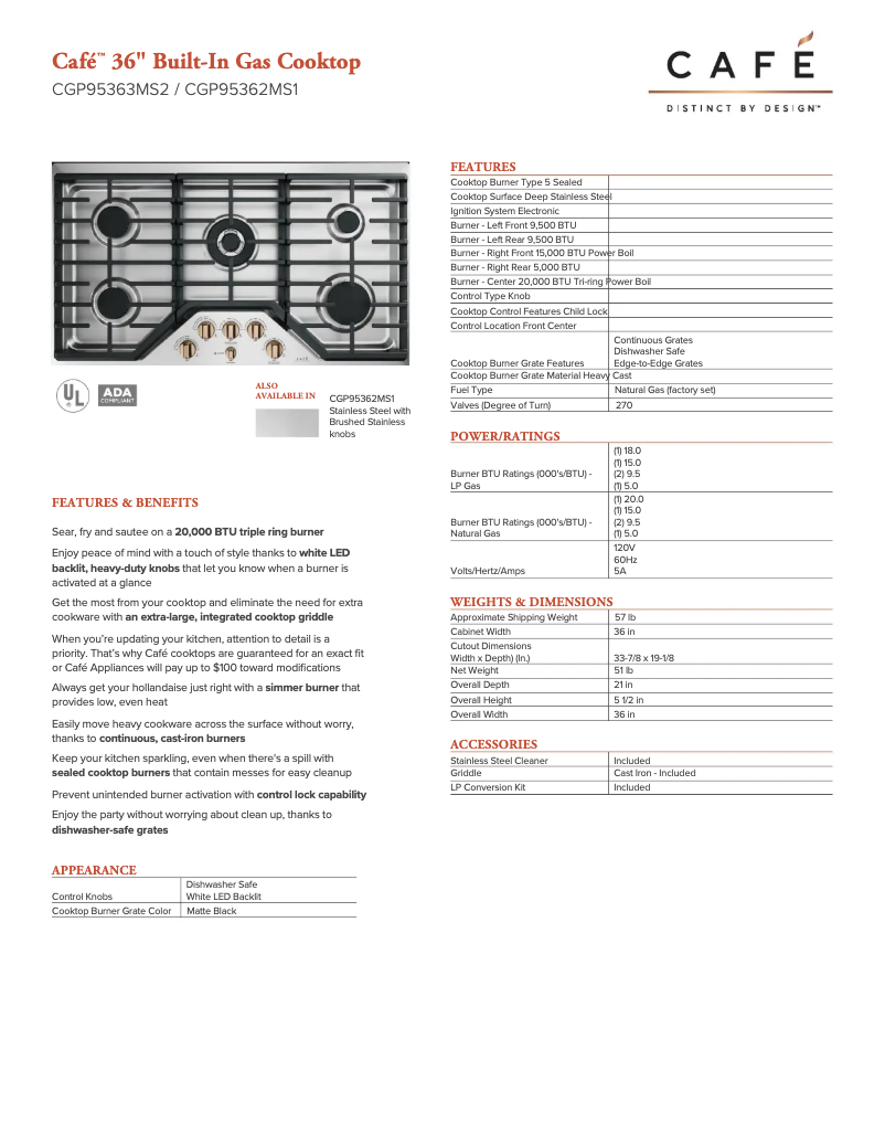 Page n°1 - Fiche technique GE Cafe CGP95363MS2