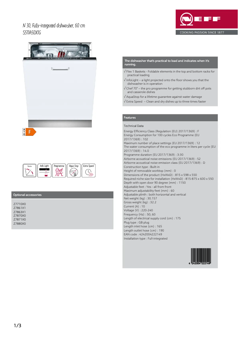 Página 1 del manual Ficha técnica Neff S511A50X1G